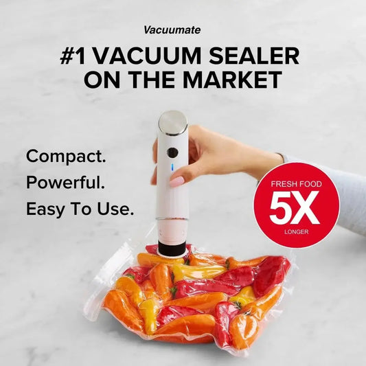 Vacuum sealer being used on vegetables with text highlighting features and benefits.